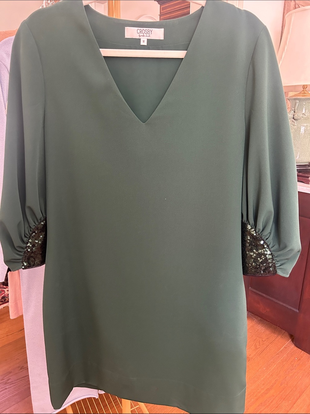 crosby. Forest Green V-Neck Tunic with Sequin Cuffs